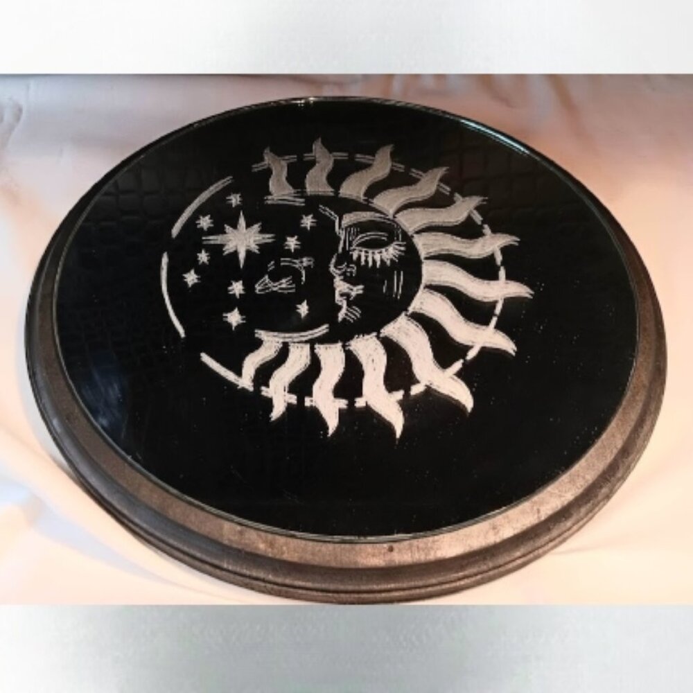 12 inch round wood frame with sun, moon, stars Handmade/repurposed etched mirror